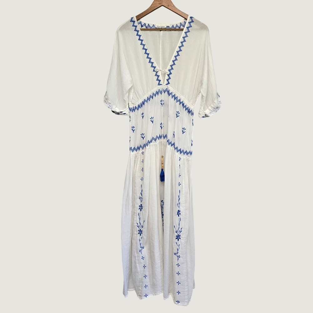 Roller Rabbit Embroidered Maxi Dress Womens Medium‎ White Blue Boho Beachy